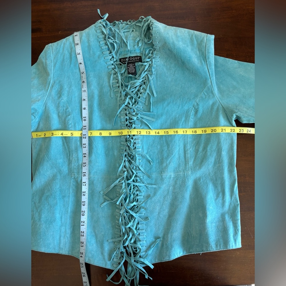 Dialogue Leather Jacket - Woman’s Turquoise, Fringed Leather Jacket. Size Large - Picture 6 of 7
